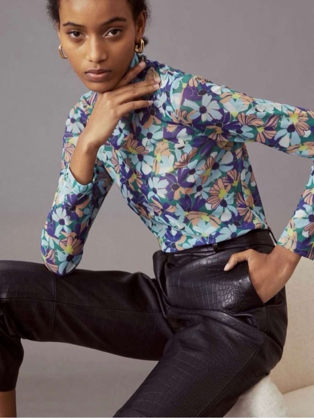 Maeve Anthropologie Sheer Floral Mesh Turtleneck Top Blue Green Sz L Career